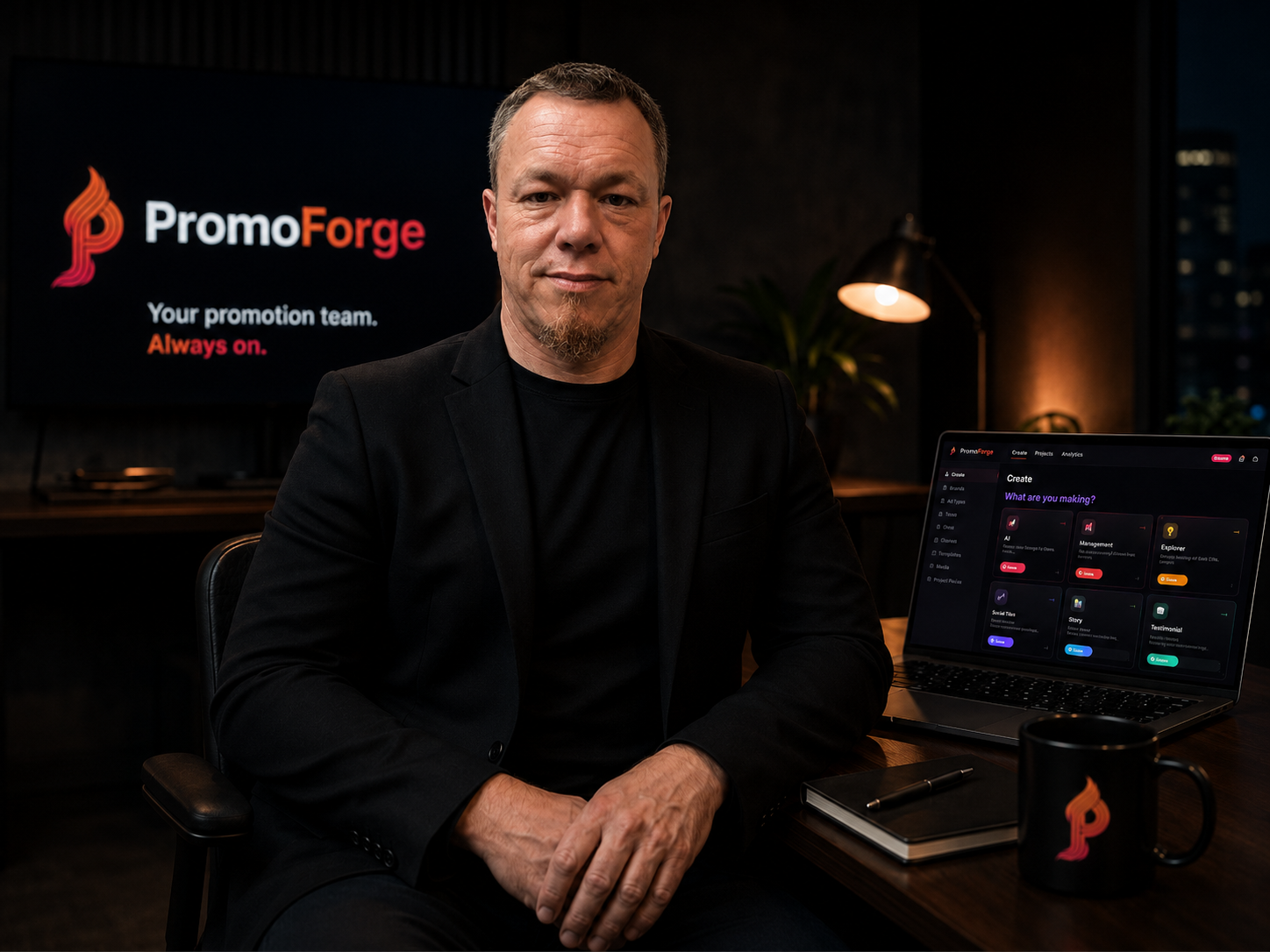 PromoForge's founder at his desk