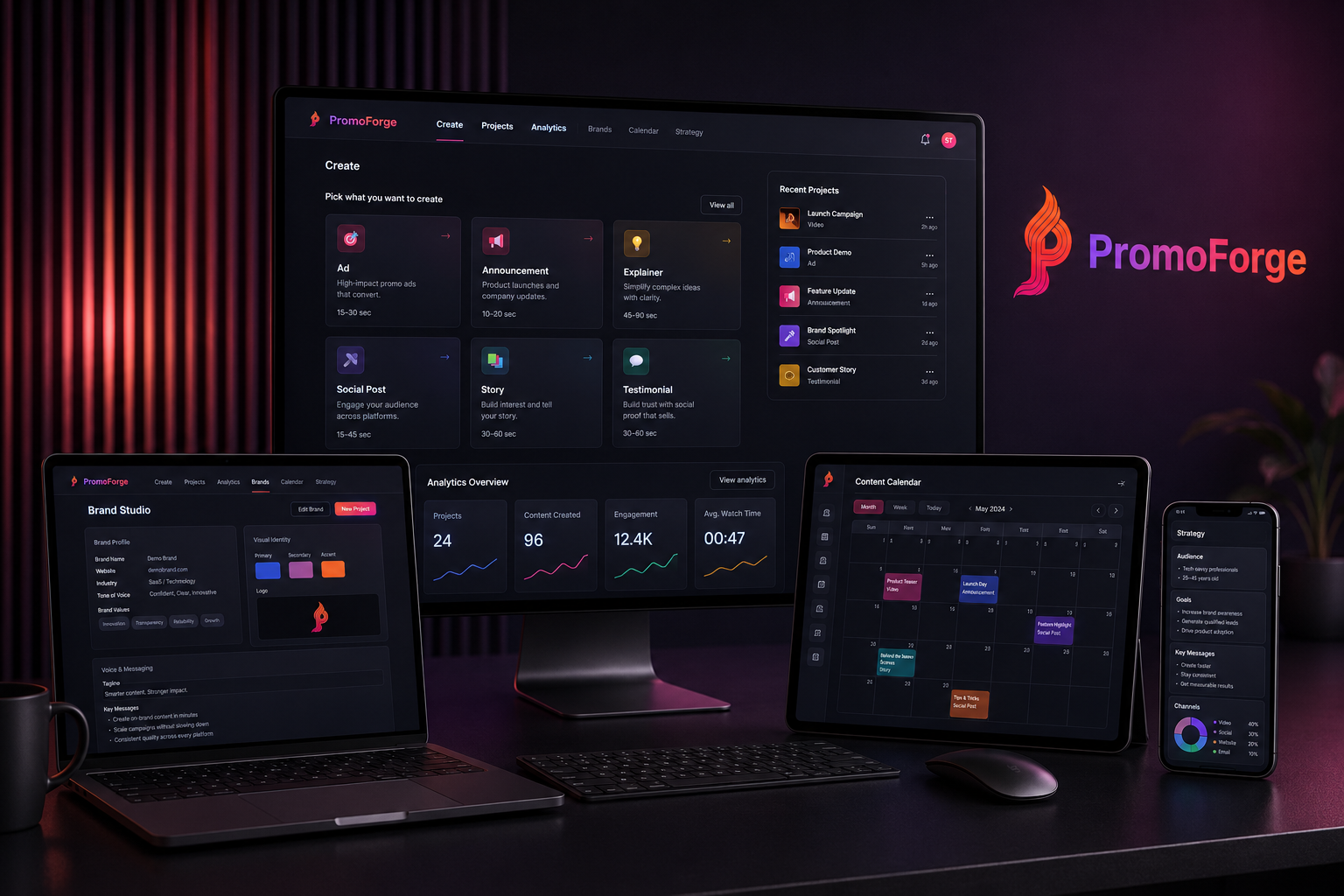PromoForge shown across a desktop monitor, laptop, tablet and phone — the Create studio, Brand Studio, analytics overview and content calendar.